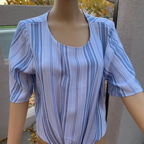 Express Blue And White Striped Tie Front Top Size Large Short Sleeve Cropped - Picture 1 of 12